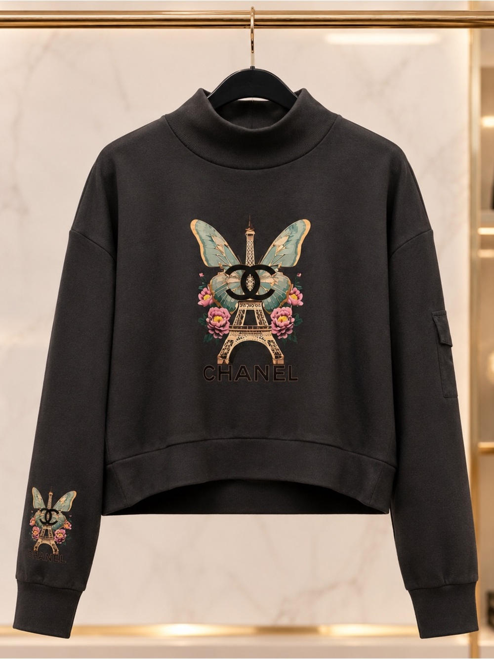 Dark Floral Eiffel Logo Cropped Sweatshirt